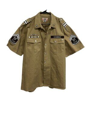 Military-Inspired Khaki Combat Shirt 3XL Embroidered Patches Star Accents